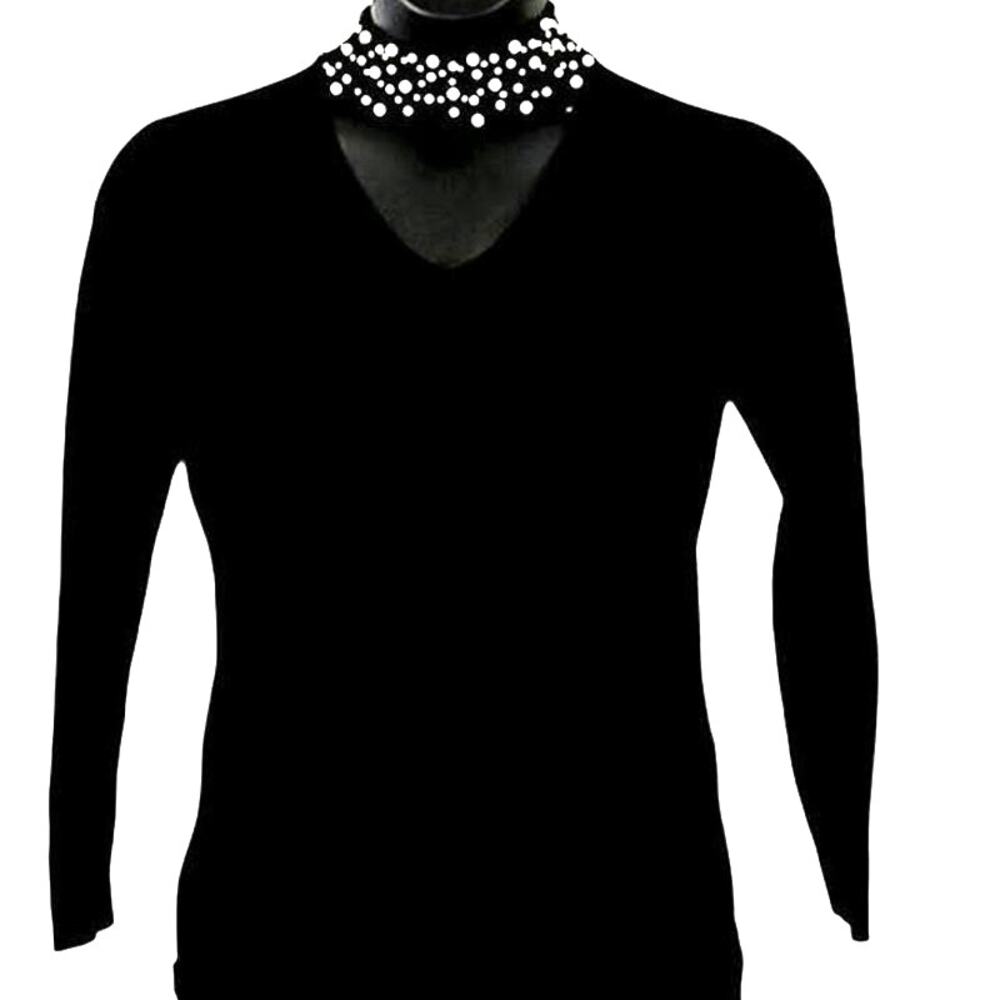 Belle by Kim Gravel Faux Pearl Beaded Choker Cutout Sweater Black XXS NWOT